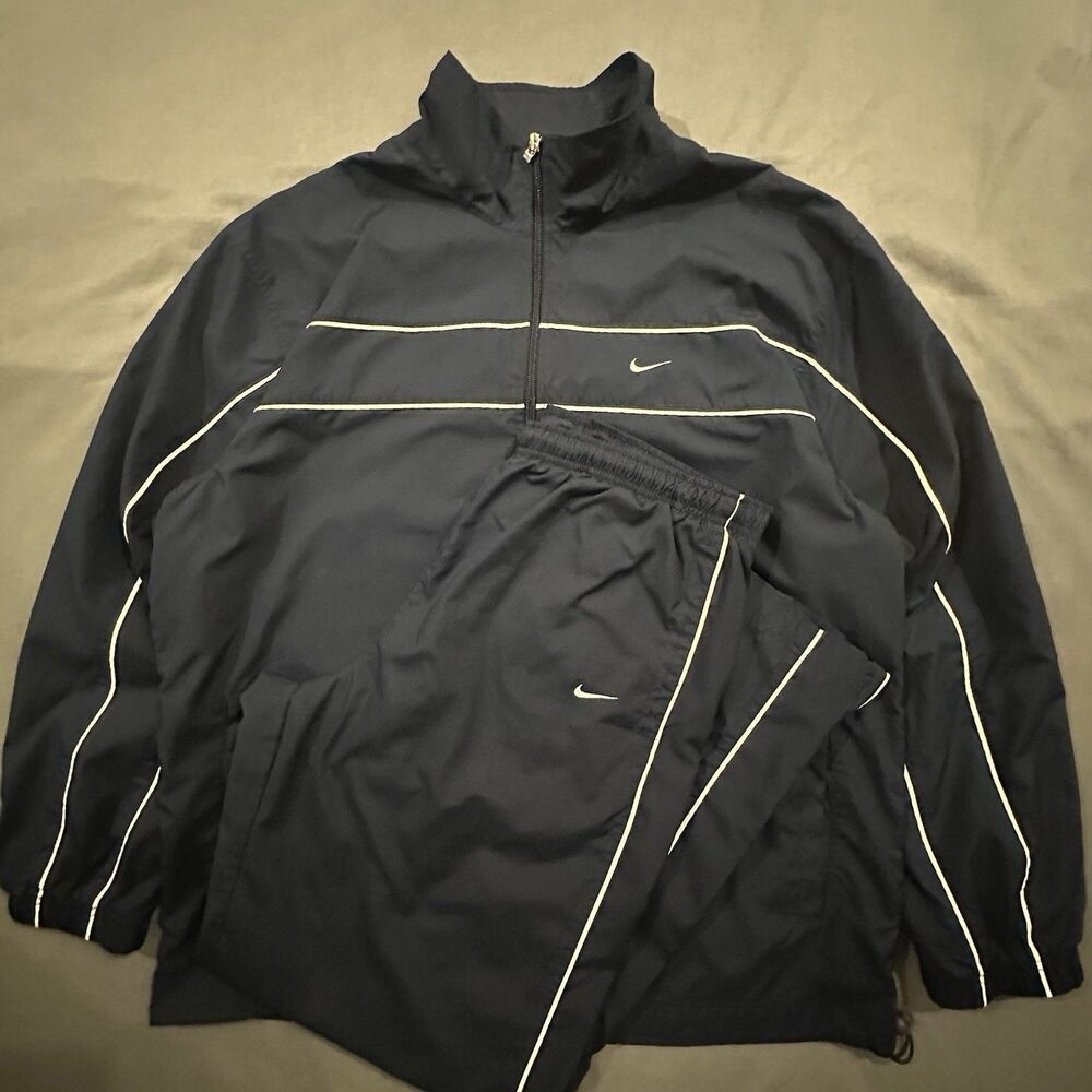 Vintage 90s Nike Tracksuit Set Windbreaker Jacket Pants Piping Silver Tag Navy